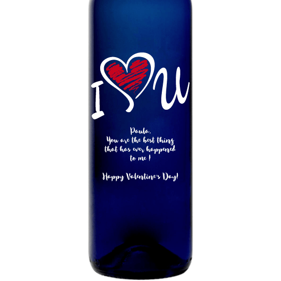 I Heart U personalized blue wine bottle Valentine's Day gift by Etching Expressions