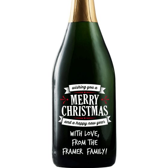Merry Christmas and a Happy New Year custom etched champagne bottle by Etching Expressions