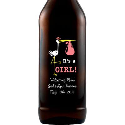 Personalized etched beer bottle to celebrate newborn baby girl