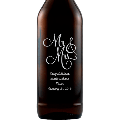 Mr & Mrs elegant font custom etched beer bottle wedding gift by Etching Expressions