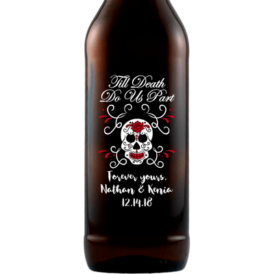 Til Death Do Us Part with skull and roses custom etched beer bottle wedding favor by Etching Expressions