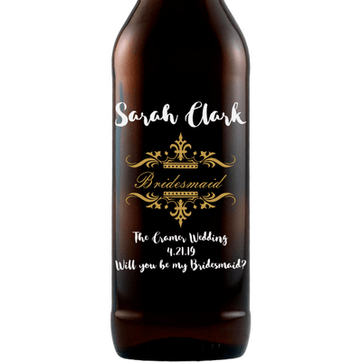 Bridesmaid traditional design custom etched beer bottle wedding favor by Etching Expressions