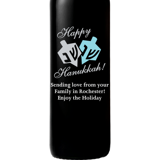 Happy Hanukkah Dreidel custom wine bottle by Etching Expressions