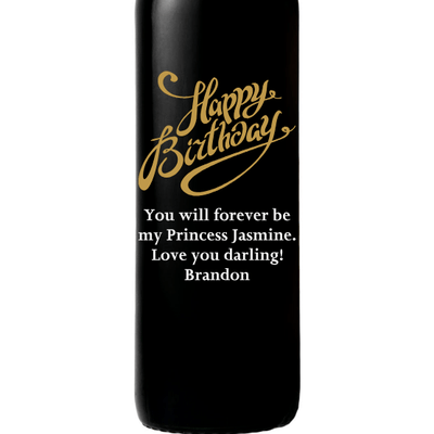 Happy Birthday in flowing script personalizable etched birthday gift wine bottle by Etching Expressions