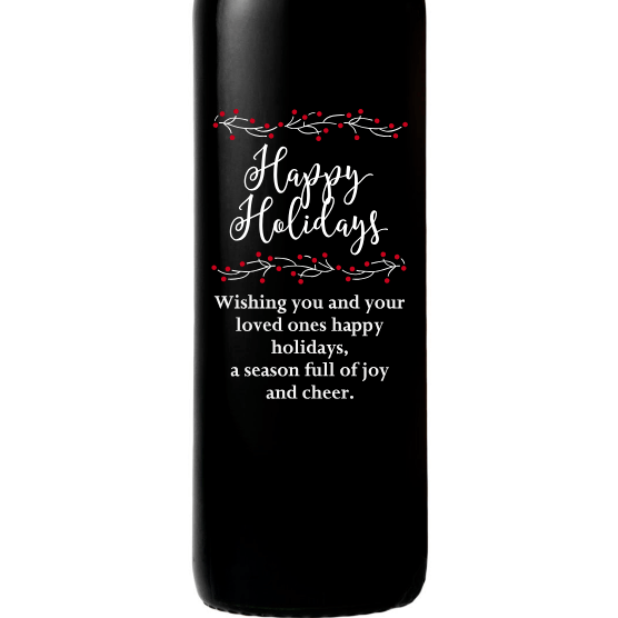 Happy Holidays with berries personalized wine bottle by Etching Expressions