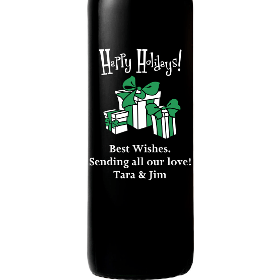 Happy Holidays with presents custom wine bottle by Etching Expressions