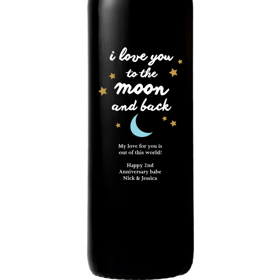 Personalized Red Wine Bottle Gift- Moon and Back Stars custom etched design