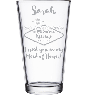 Maid of Honor fabulous design pint glass custom wedding party favor by Etching Expressions