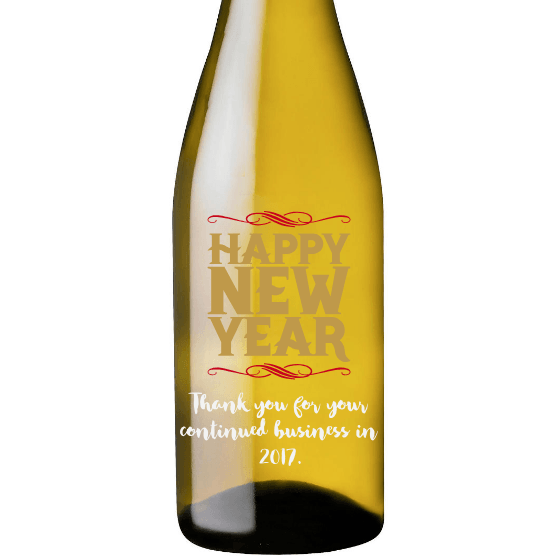 Happy New Year custom white wine bottle by Etching Expressions
