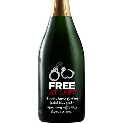 Free at Last funny engraved champagne bottle for divorce gift by Etching Expressions