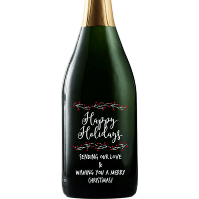 Happy Holidays with berry branches custom champagne gift by Etching Expressions