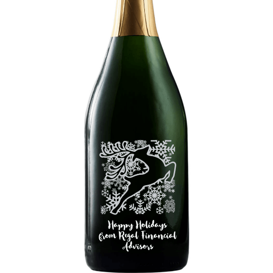 Holiday Reindeer design on a custom champagne bottle by Etching Expressions