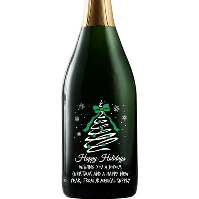 Happy Holidays Christmas Tree Swirl engraved custom champagne bottle by Etching Expressions