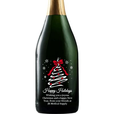 Happy Holidays Christmas Tree Swirl etched personalized Champagne bottle by Etching Expressions
