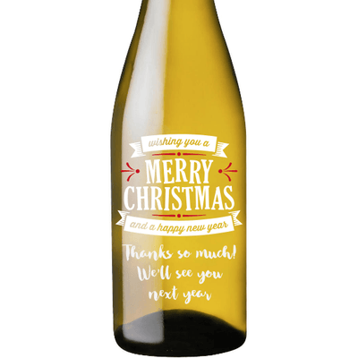 Merry Christmas and a Happy New Year custom engraved holiday white wine bottle by Etching Expressions