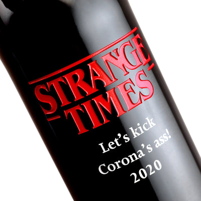 Custom etched red wine - Strange Times design detail