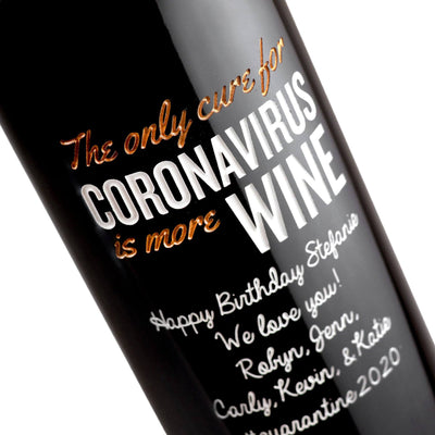Custom etched red wine - The Only Cure is More Wine design detail