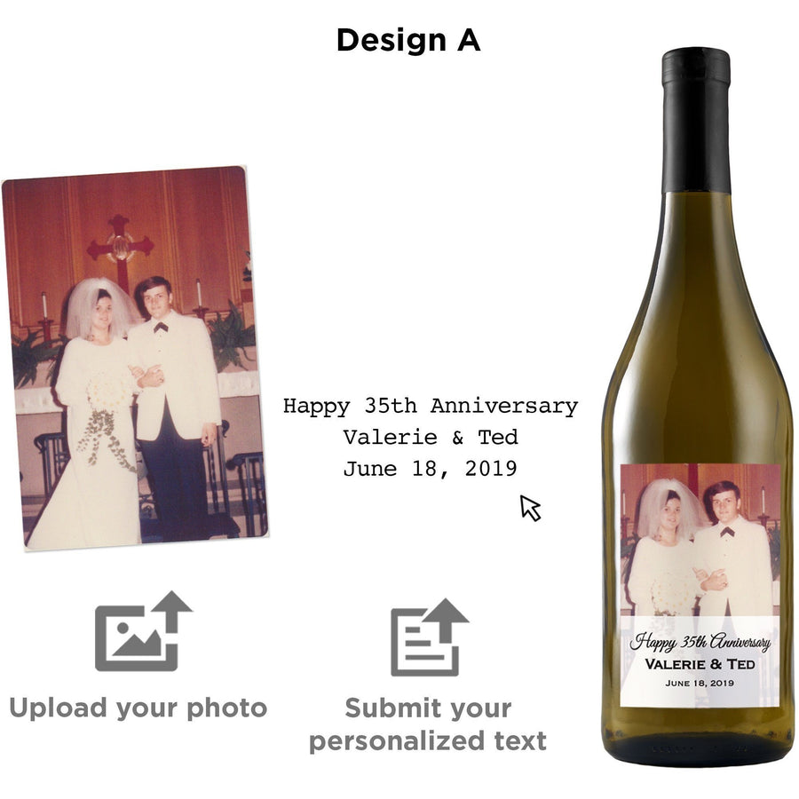 Custom uploaded picture on white wine bottle by Etching Expressions