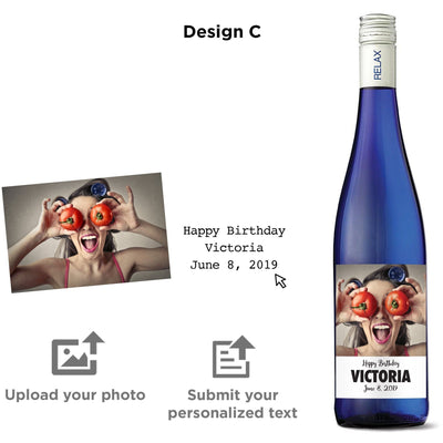 Personalized wine label on blue wine bottle - Upload your Photo for the perfect gift
