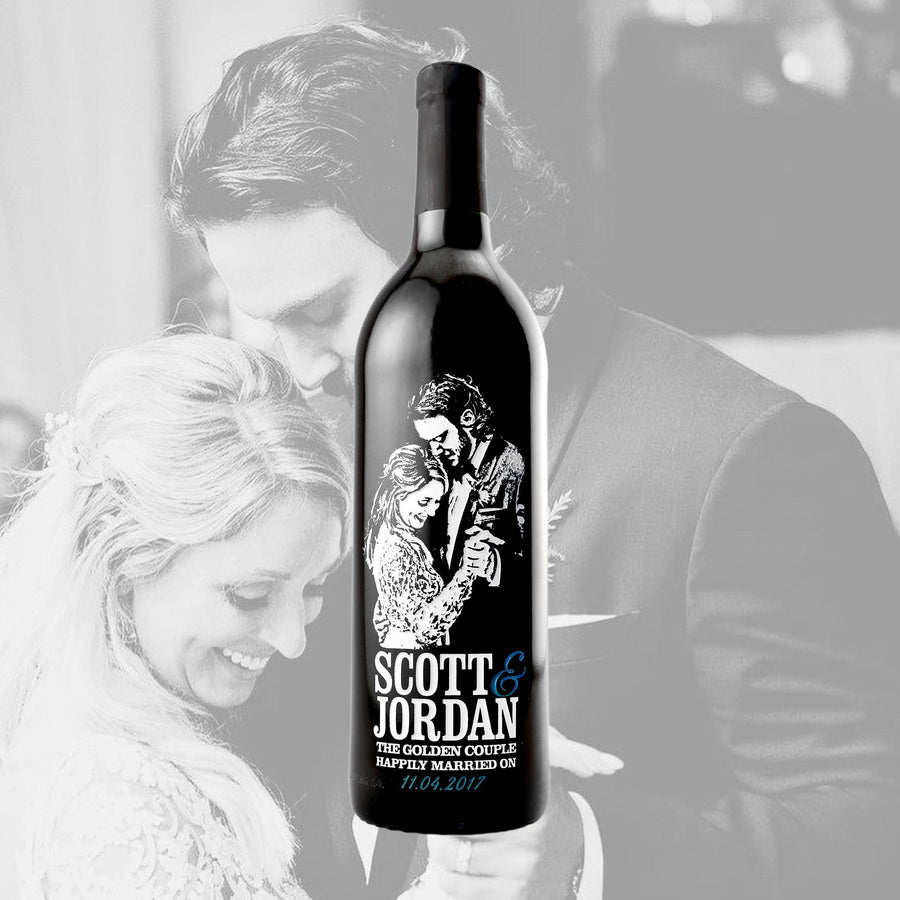 Custom wedding photos engraved on red wine by Etching Expressions
