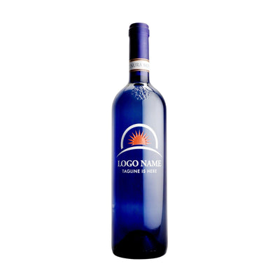 Personalized blue wine bottle with etched company logo by Etching Expressions