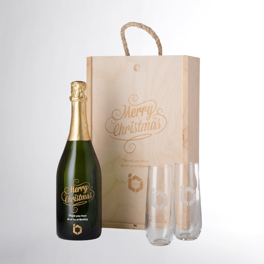 Merry Christmas corporate champagne with logo holiday gift set with glasses