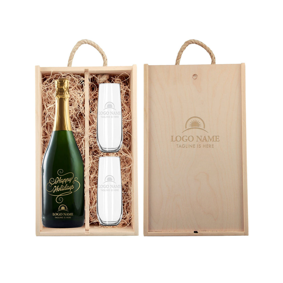 Custom etched champagne happy holidays with logo gift set