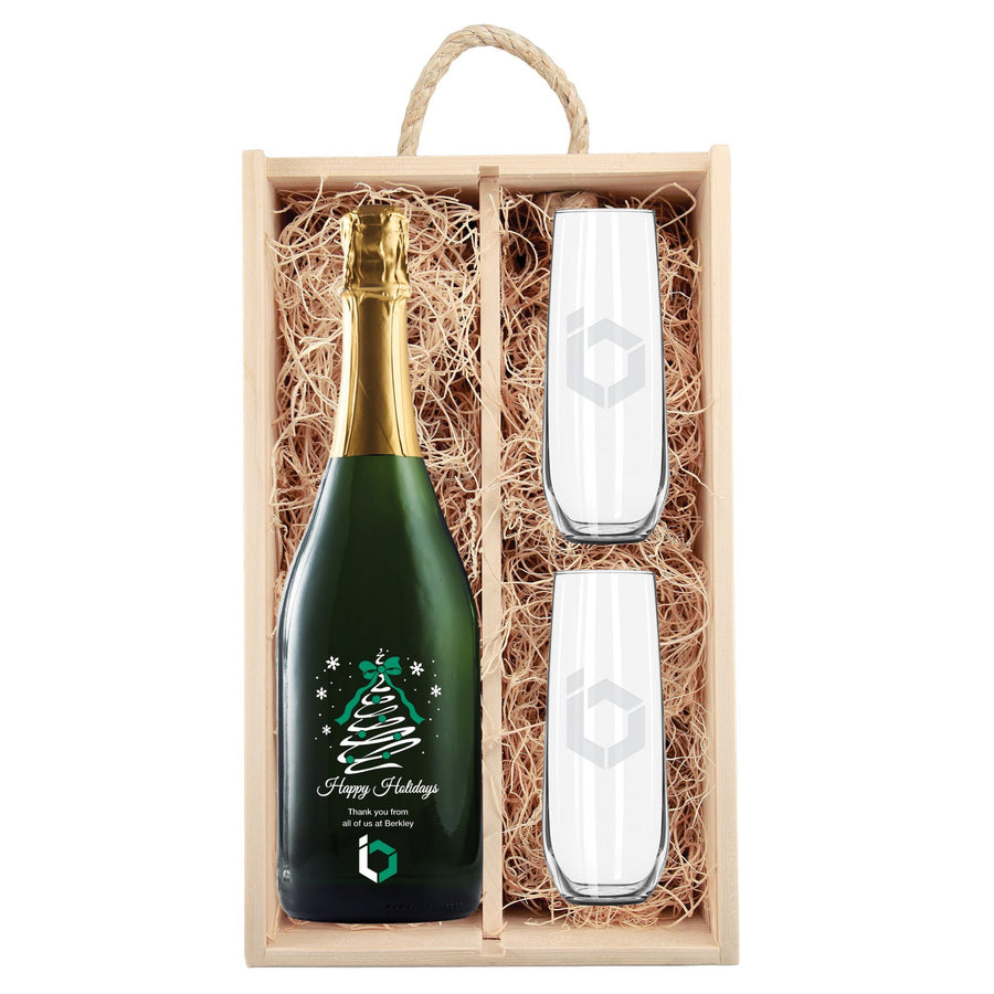 Happy Holidays Christmas tree swirl corporate champagne gift set with logo