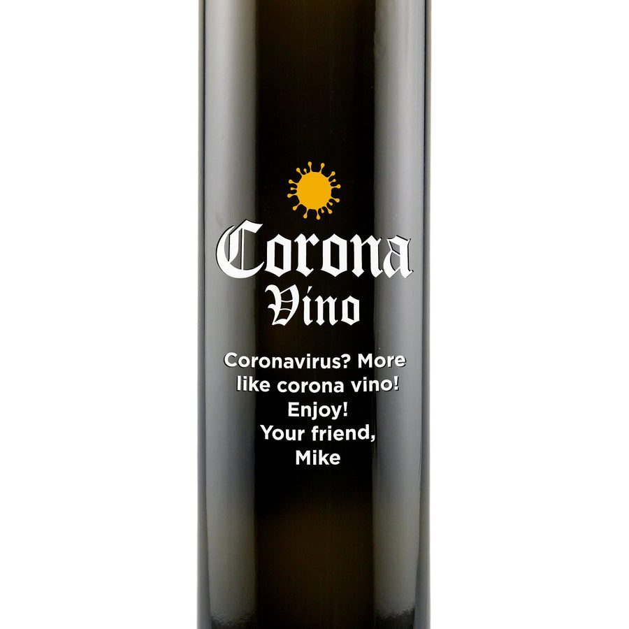 "Corona-vino" engraved olive oil bottle by Etching Expressions