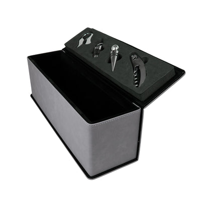Gray leatherette wine box with tools open view