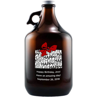 Happy Birthday Gift Box design custom engraved on craft beer growler by Etching Expressions