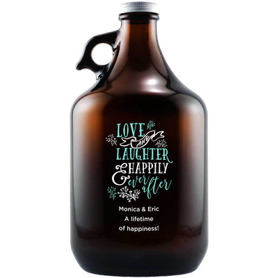 Love and Laughter Happily Ever After with floral design personalized wedding gift beer growler by Etching Expressions