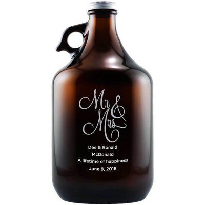 Mr & Mrs fancy writing etched beer growler wedding gift by Etching Expressions
