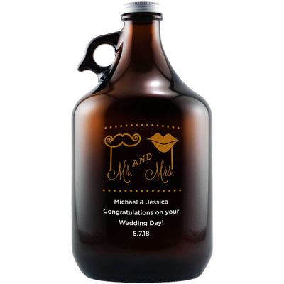 Mustache and Lips custom wedding gift etched beer growler by Etching Expressions