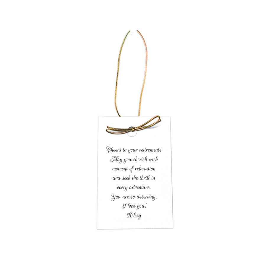 Personalized hang tag with script font and gold loop