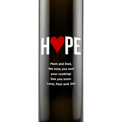 "Hope" with a heart custom engraved olive oil bottle zoomed view by Etching Expressions
