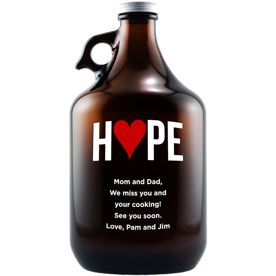 Hope with a heart design custom engraved beer growler by Etching Expressions