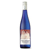 Custom uploaded photo printed label on blue wine bottle by Etching Expressions