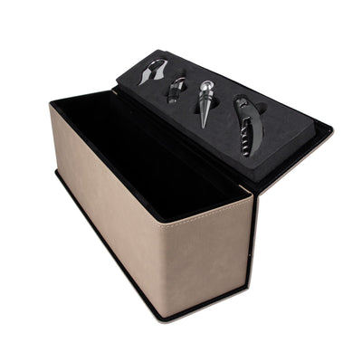 Light brown leatherette wine box with tools open view