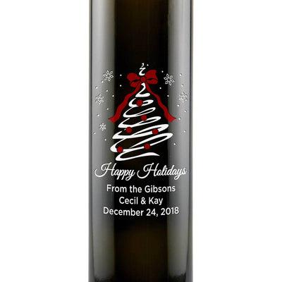 Happy Holidays Christmas Tree Swirl engraved custom olive oil foodie christmas gift for chefs by Etching Expressions