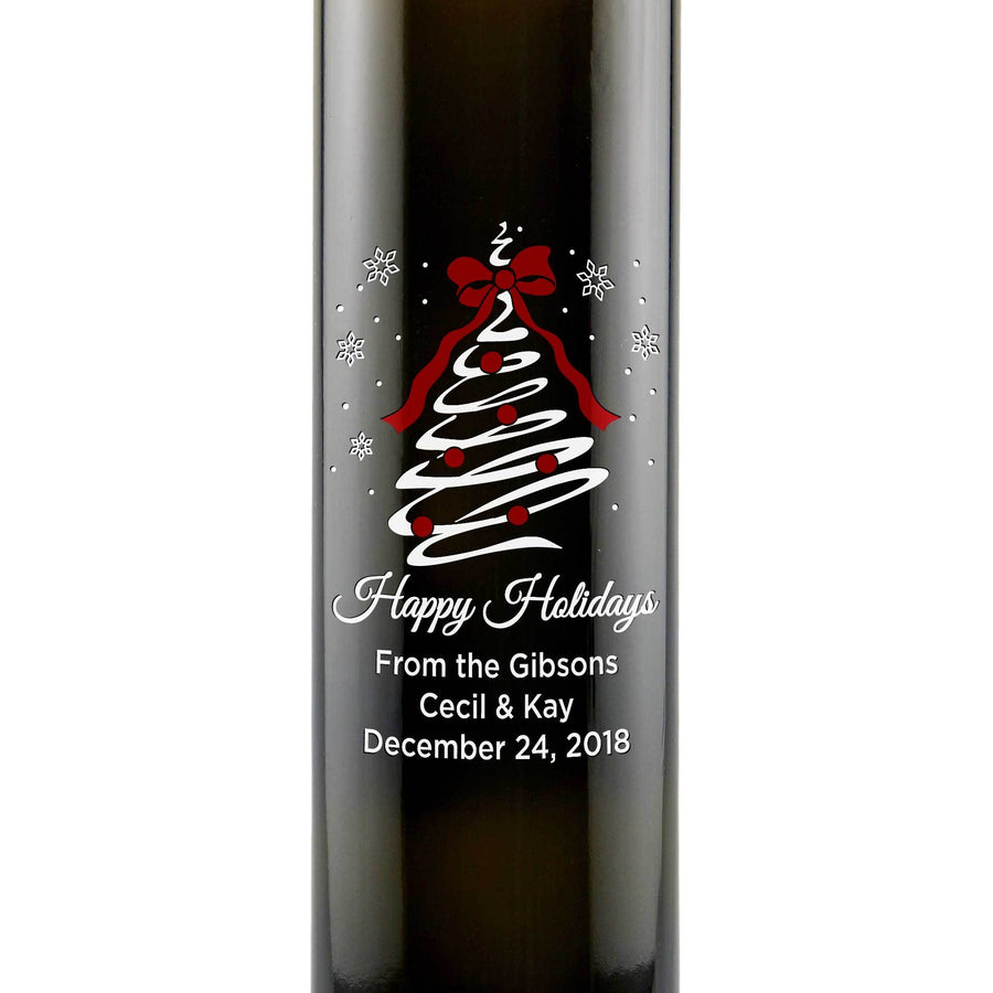 Happy Holidays Christmas Tree Swirl etched personalized olive oil bottle gift for chefs by Etching Expressions