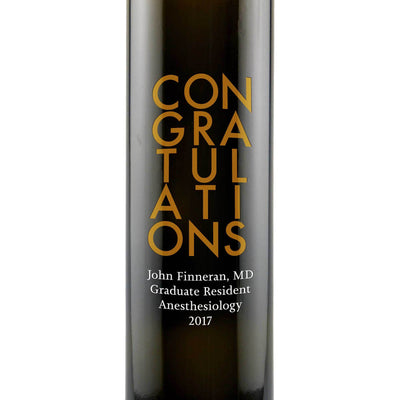 Congratulations Skyscraper shape design on personalized olive oil bottle by Etching Expressions