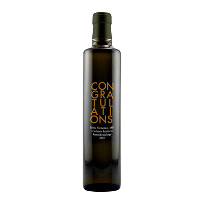 Congratulations Skyscraper shape design on custom olive oil bottle by Etching Expressions
