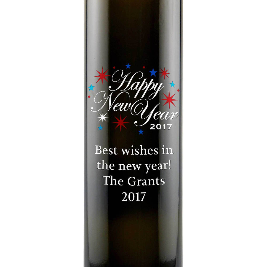 Happy New Year fireworks engraved custom olive oil bottle by Etching Expressions
