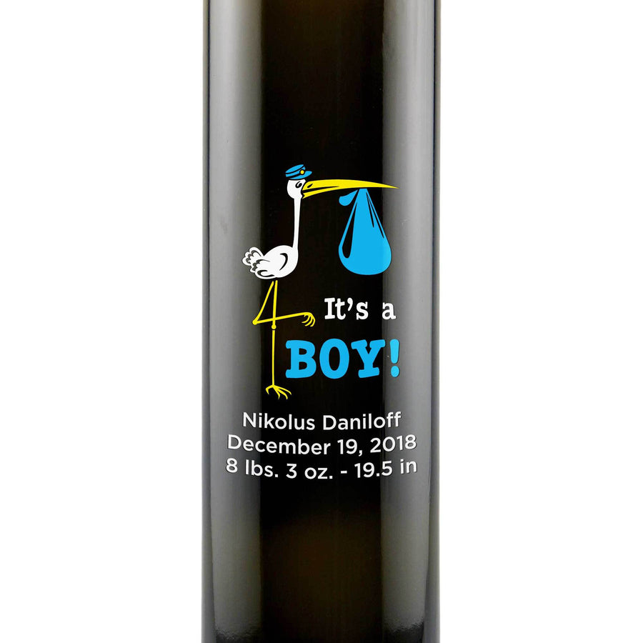 It's a Boy! with a stork graphic engraved on a glass olive oil bottle by Etching Expressions
