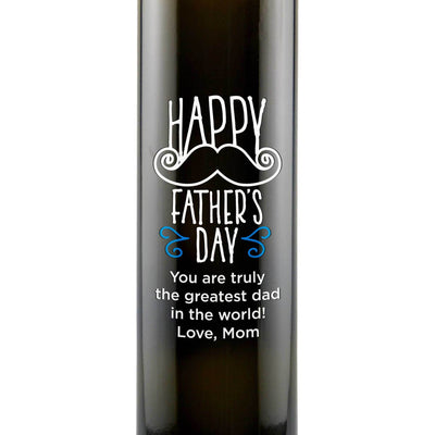 Happy Father's Day with a mustache personalized olive oil bottle by Etching Expressions