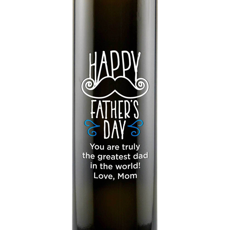 Happy Father's Day with a mustache design custom olive oil bottle by Etching Expressions
