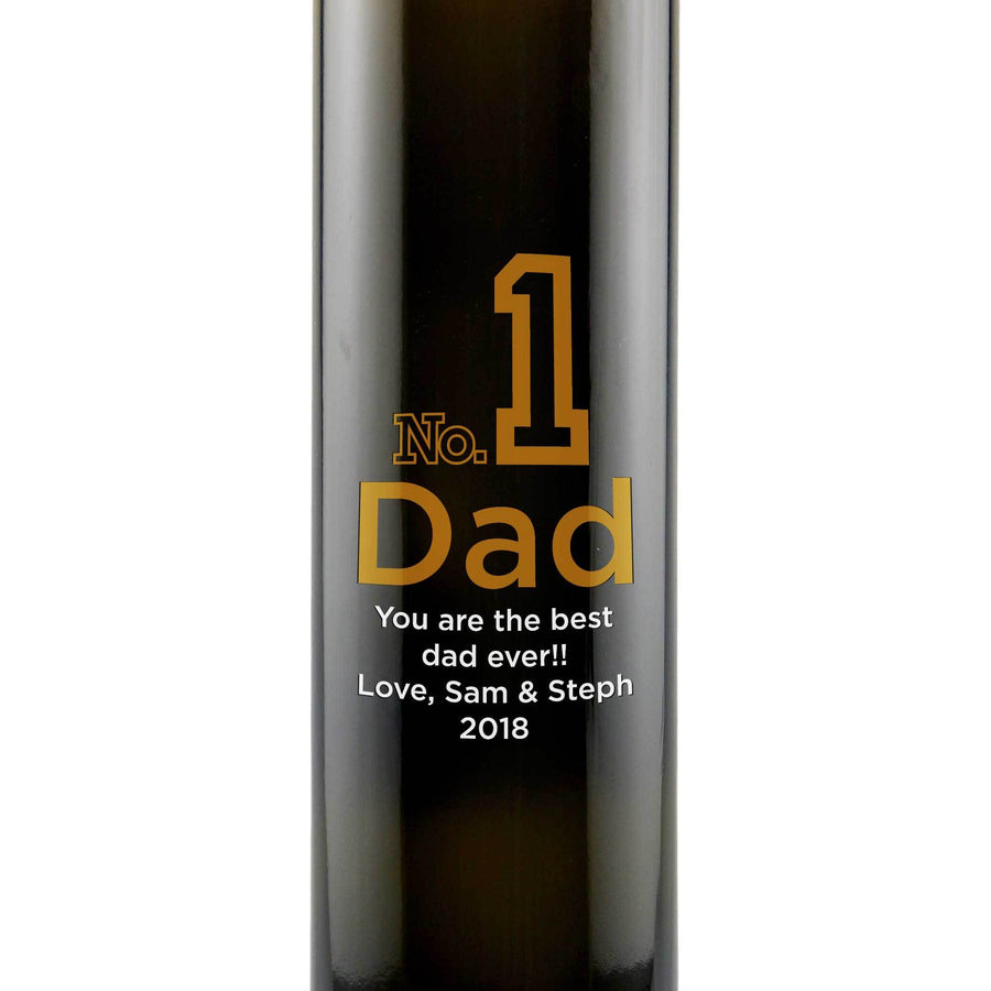 Number 1 Dad custom etched olive oil bottle for Father's Day gift by Etching Expressions