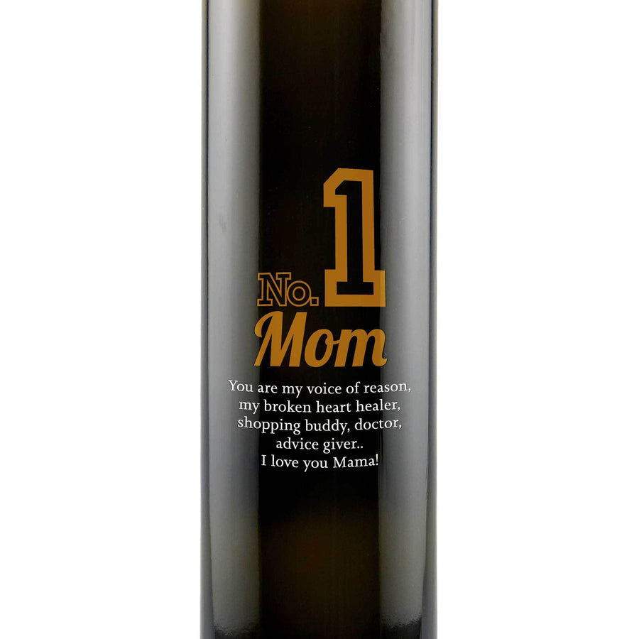 Number 1 Mom design engraved on glass olive oil bottle gift by Etching Expressions