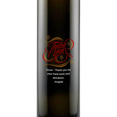 Thank You etched in a fancy swirl design on personalized olive oil bottle by Etching Expressions